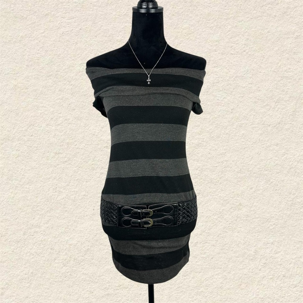 Bella d y2k Striped Off-Shoulder Dress with Buckle Belt